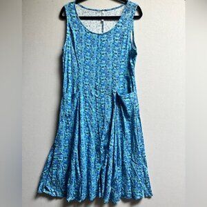 Blue Sky Bamboo Linen Floral Sleeveless Pocket Dress Blue Sz M